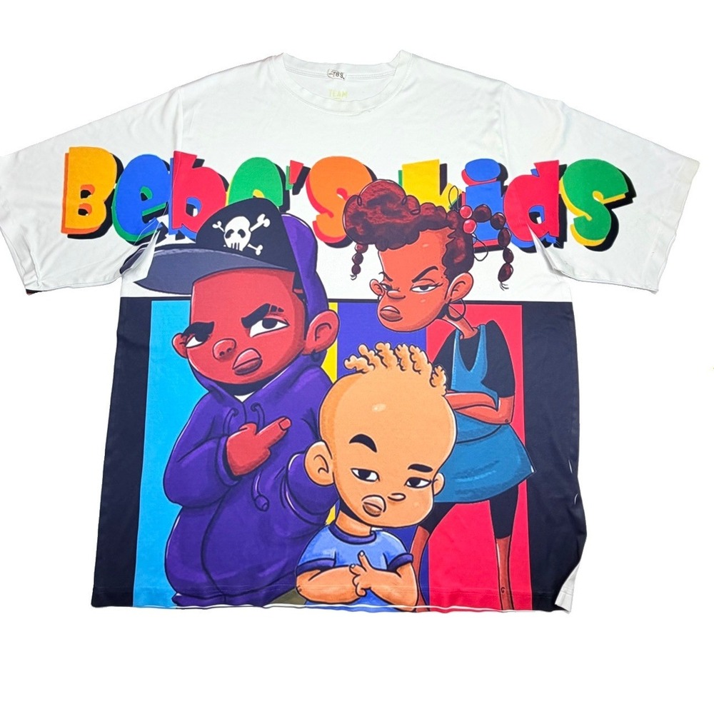 Bebe's Kids Cartoon All Over Print T-Shirt Men's 3XL White Hip Hop Graphic AOP